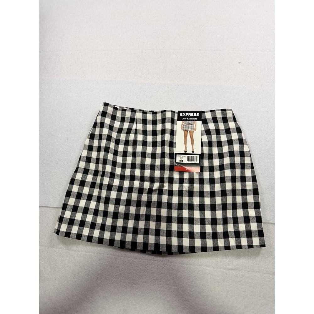Express Linen Blend Gingham Mini Skirt Black White Plaid XS Cottagecore